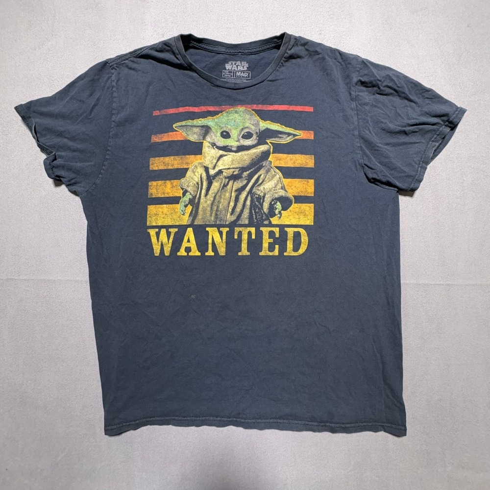 Star Wars The Mandalorian Grogu Wanted T-Shirt Mens XL Mad Engine Gray Graphic